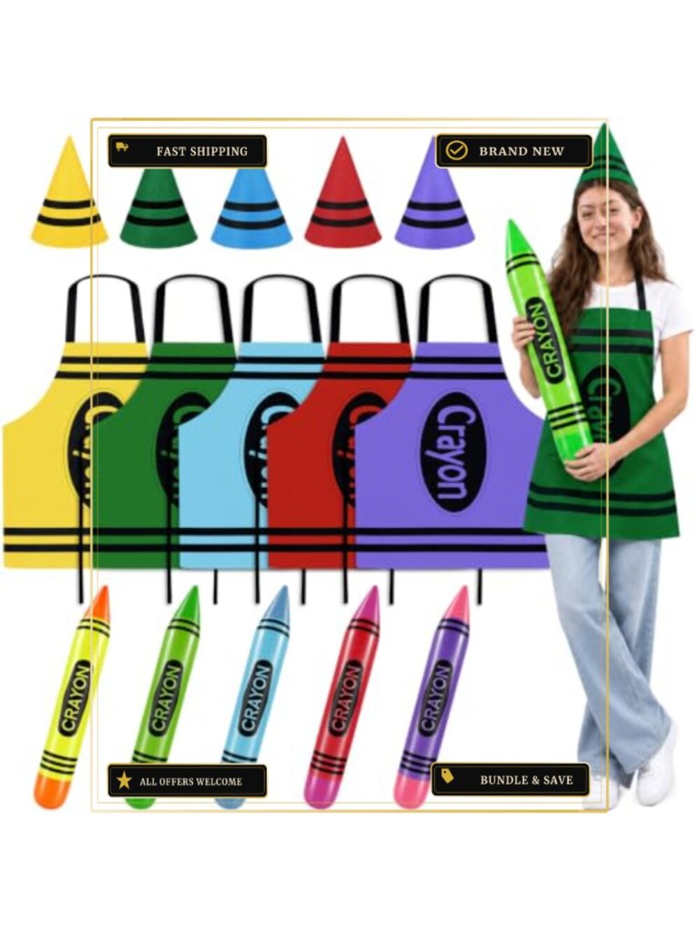Crayon Costume Set 5 Pcs Adult Group Halloween Cosplay Apron Cone Hat